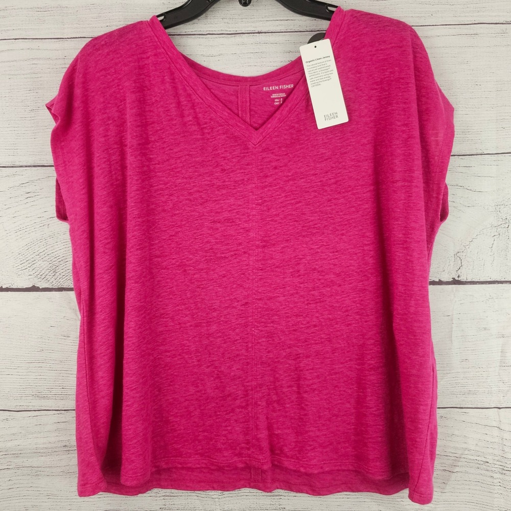 Eileen Fisher S Small Fuscia Organic Linen V Neck Boxy Square T Shirt NWT 1628